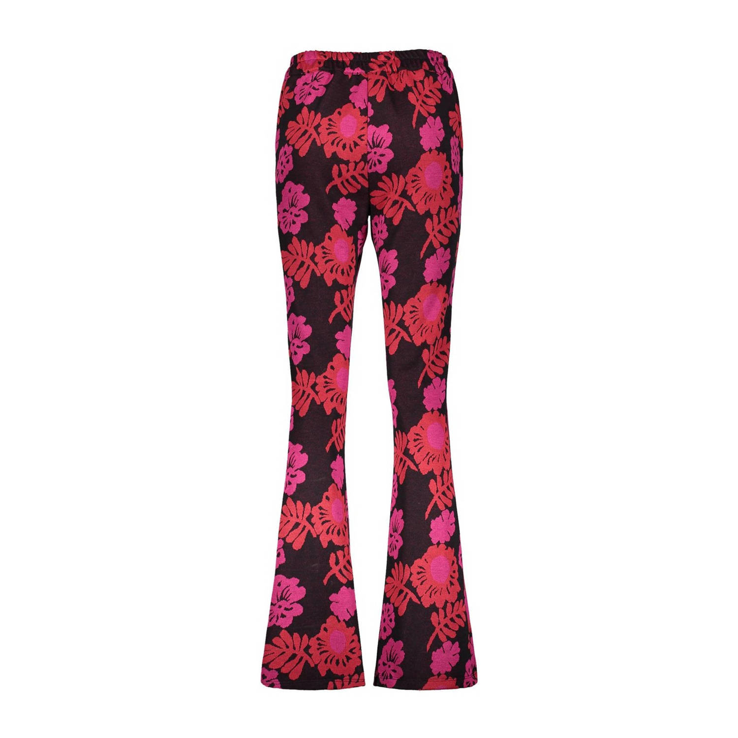 Geisha gebloemde high waist flared broek roze zwart rood