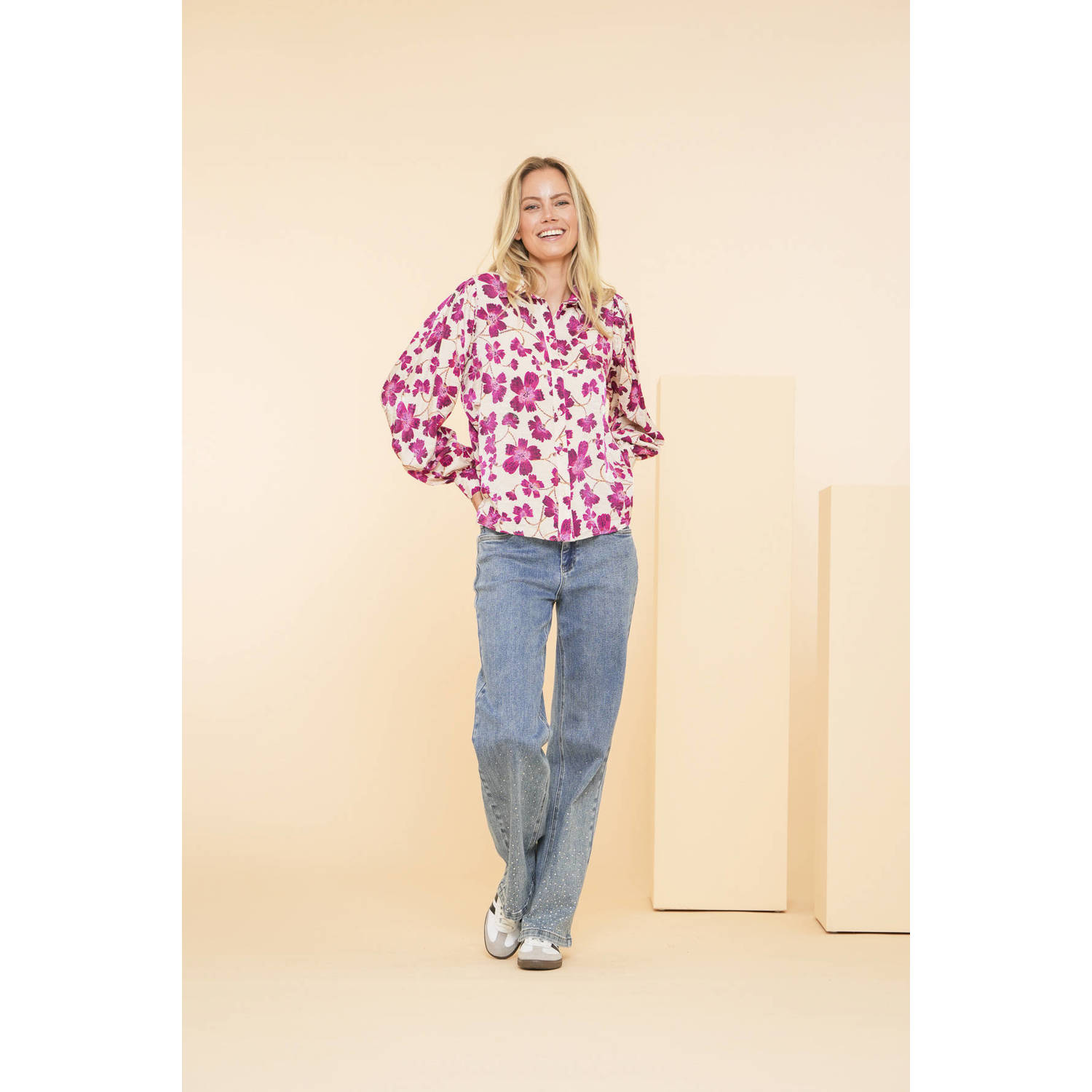 Geisha wide leg jeans met strass stenen medium blue denim