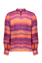 thumbnail: Paars en oranje dames Geisha blousetop van viscose met meerkleurige print, lange mouwen en opstaande kraag