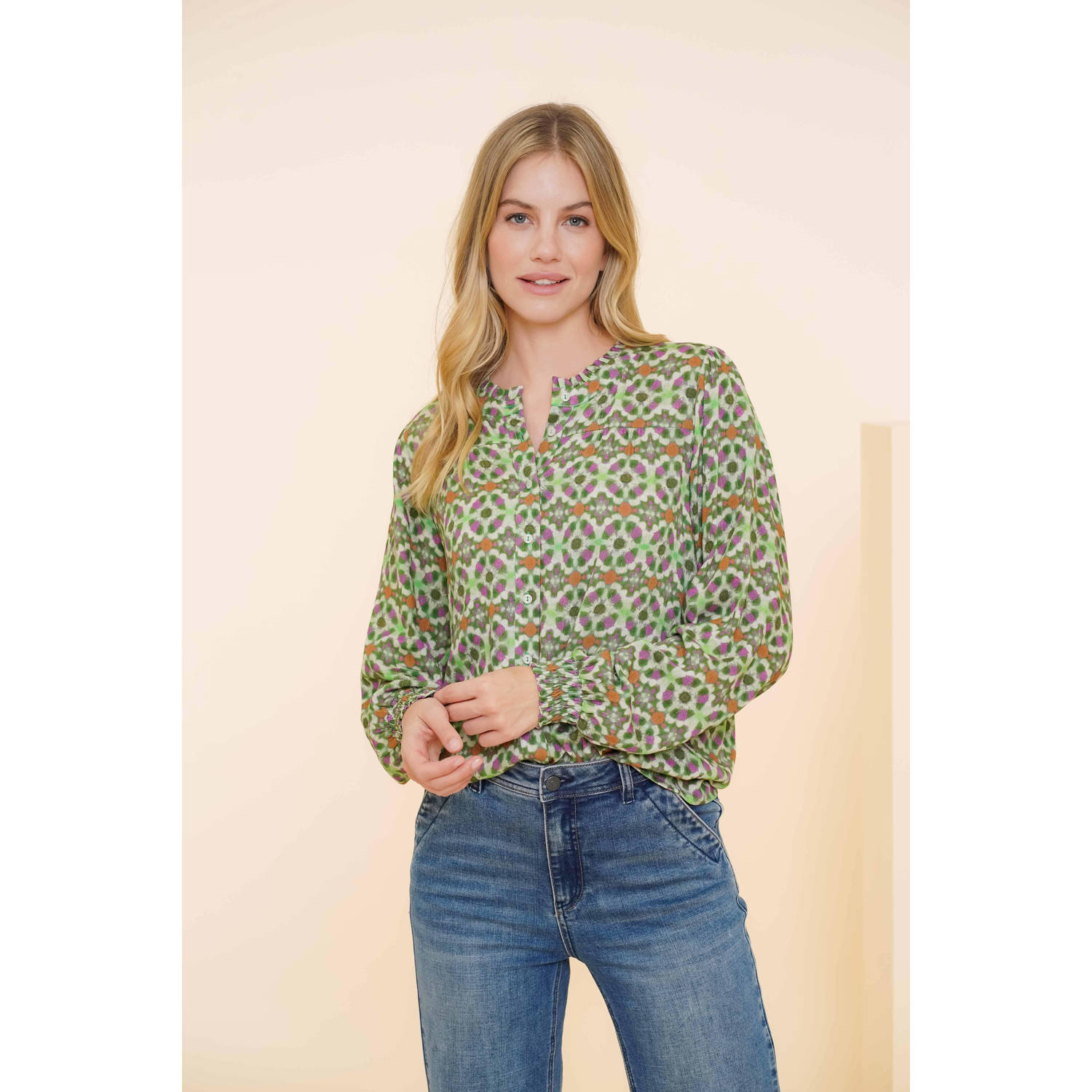 Geisha blouse met all over print groen