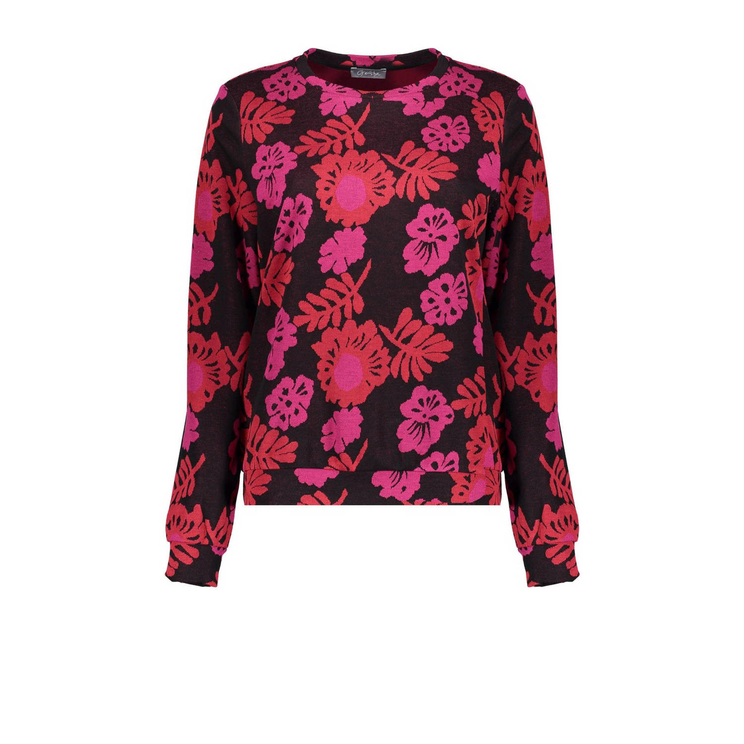Geisha gebloemde geweven top roze rood zwart