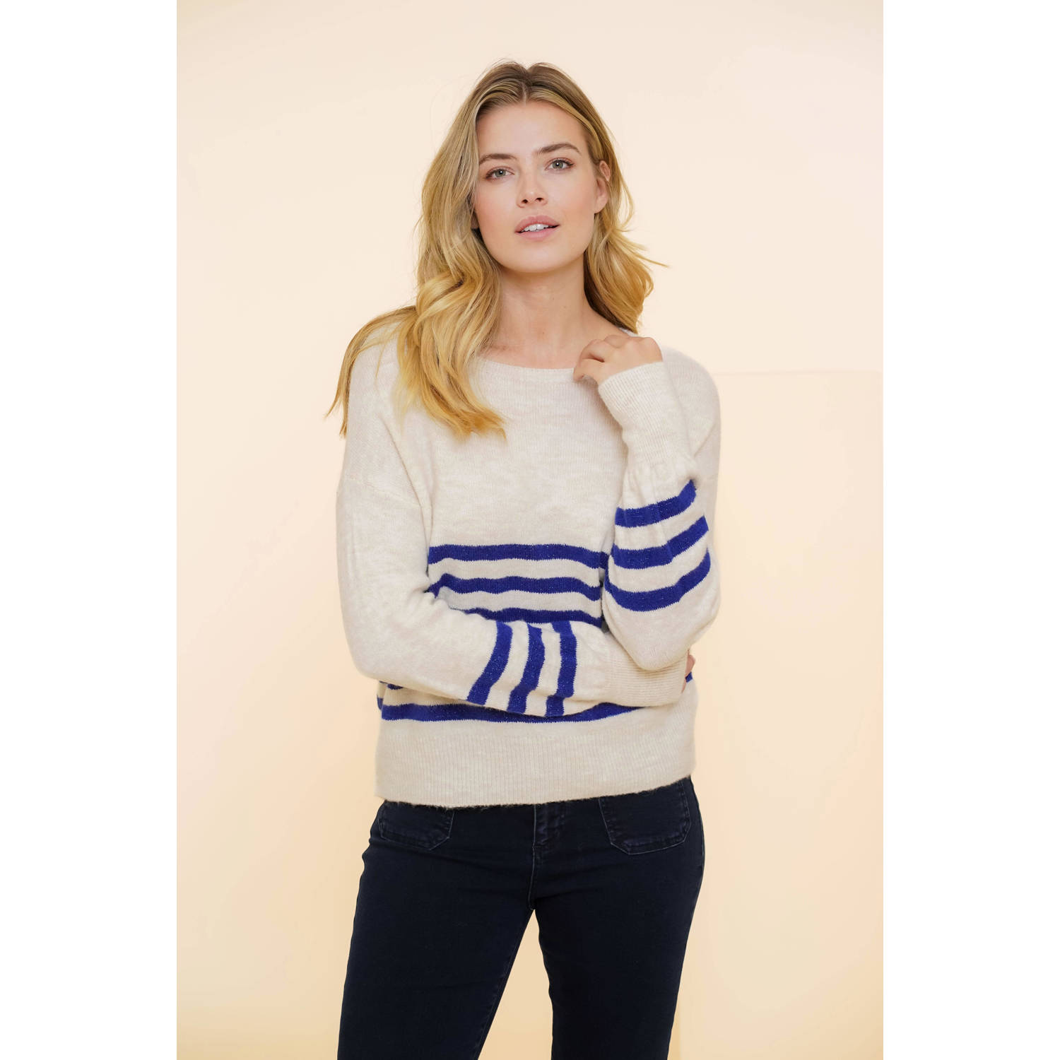 Geisha Gestreepte Lurex Pullover Beige Dames