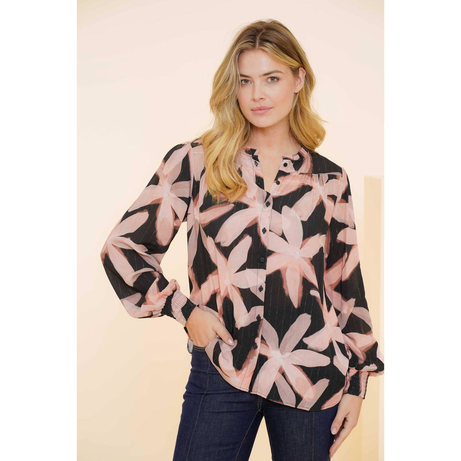 Geisha gebloemde blouse roze zwart