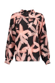 thumbnail: Roze en zwarte dames Geisha gebloemde blouse van viscose met lange mouwen, opstaande kraag, knoopsluiting en lurex
