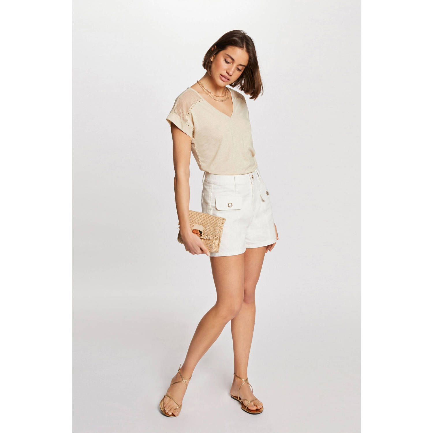 Morgan T-shirt met kant en studs beige