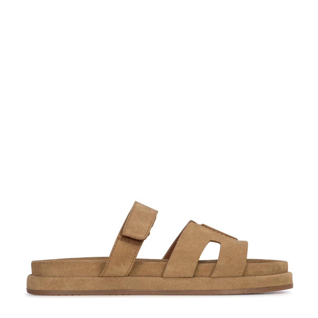 Beige dames PS Poelman suède slippers van leer met klittenband en effen