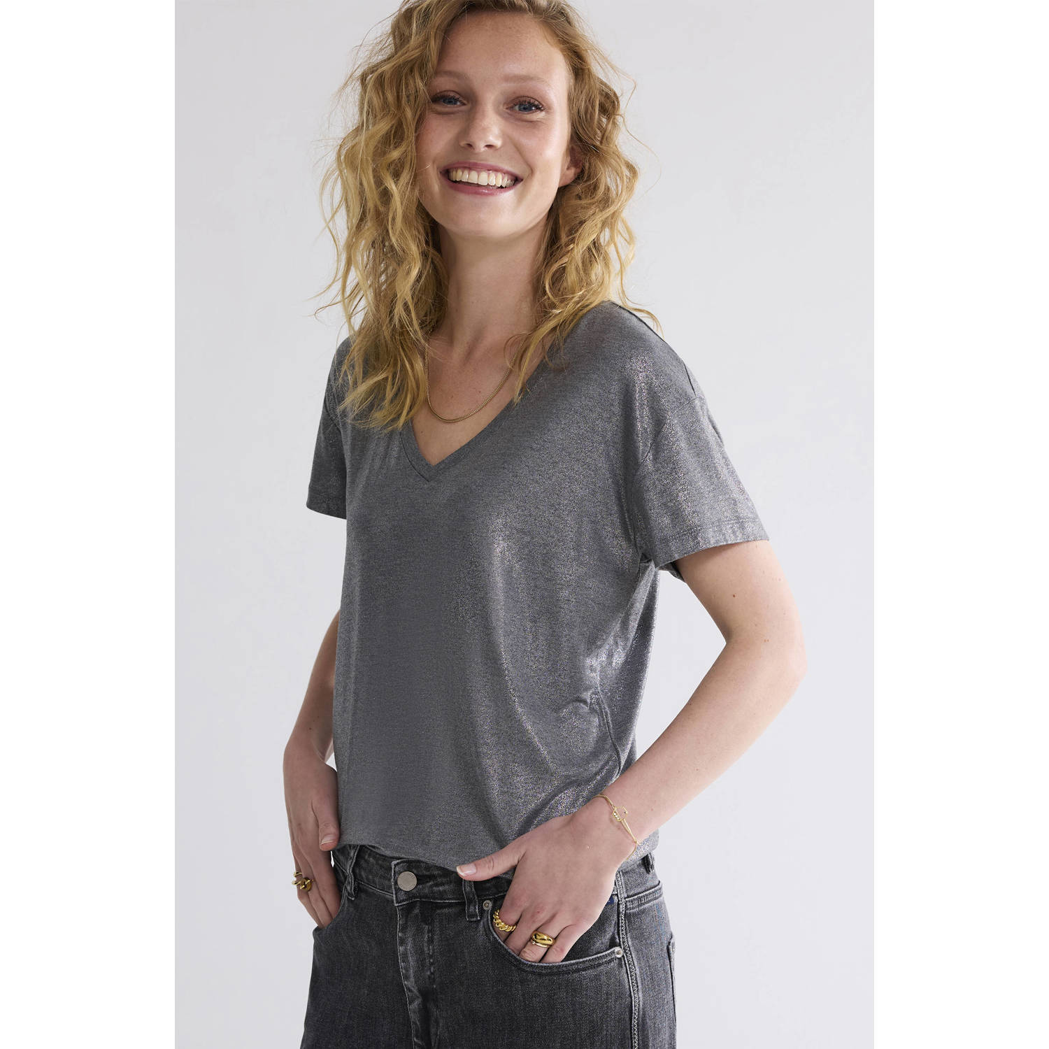 Summum Woman Metallic Coated Jersey V-Neck Top Gray Dames