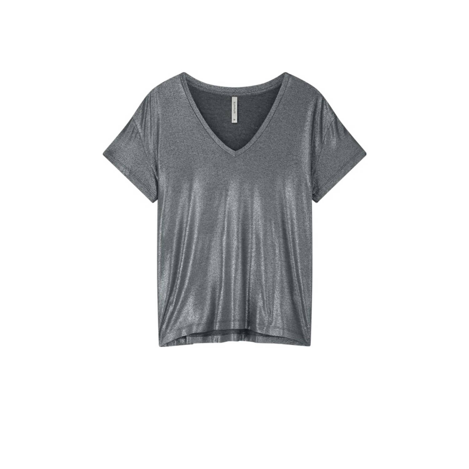 Summum Woman Metallic Coated Jersey V-Neck Top Gray Dames