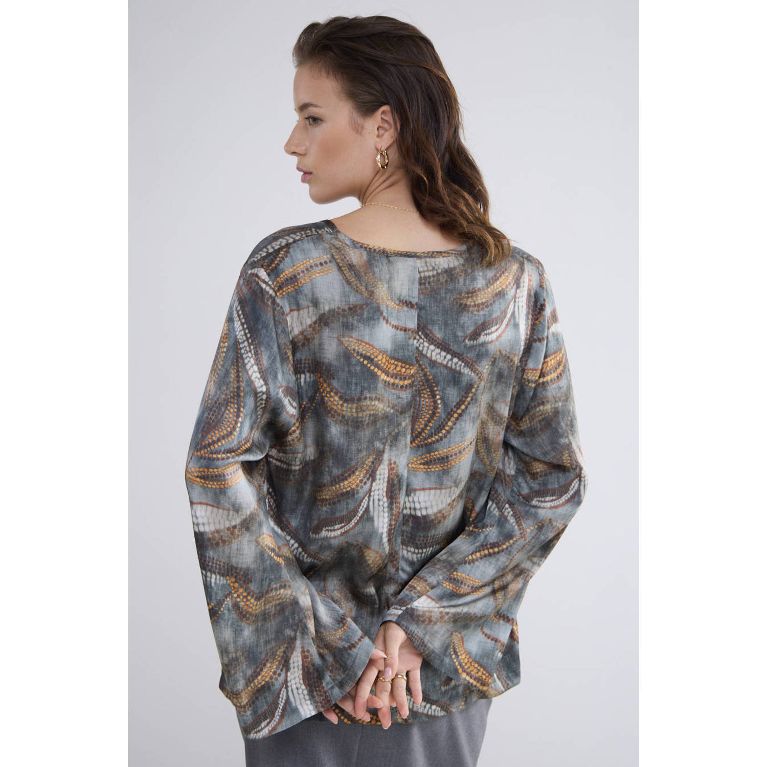 Summum Woman Gestippelde Leafs V-Neck Top Gray Dames