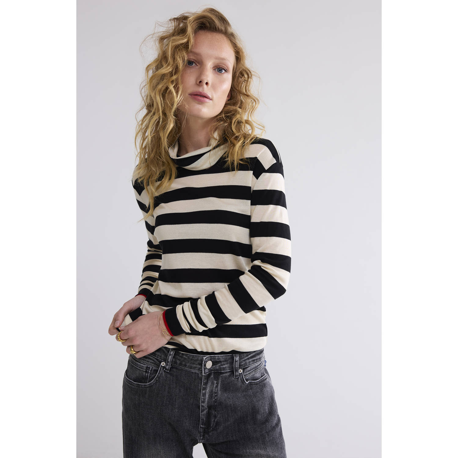 Summum Woman Gestreepte Turtle Neck Longsleeve Top Black Dames