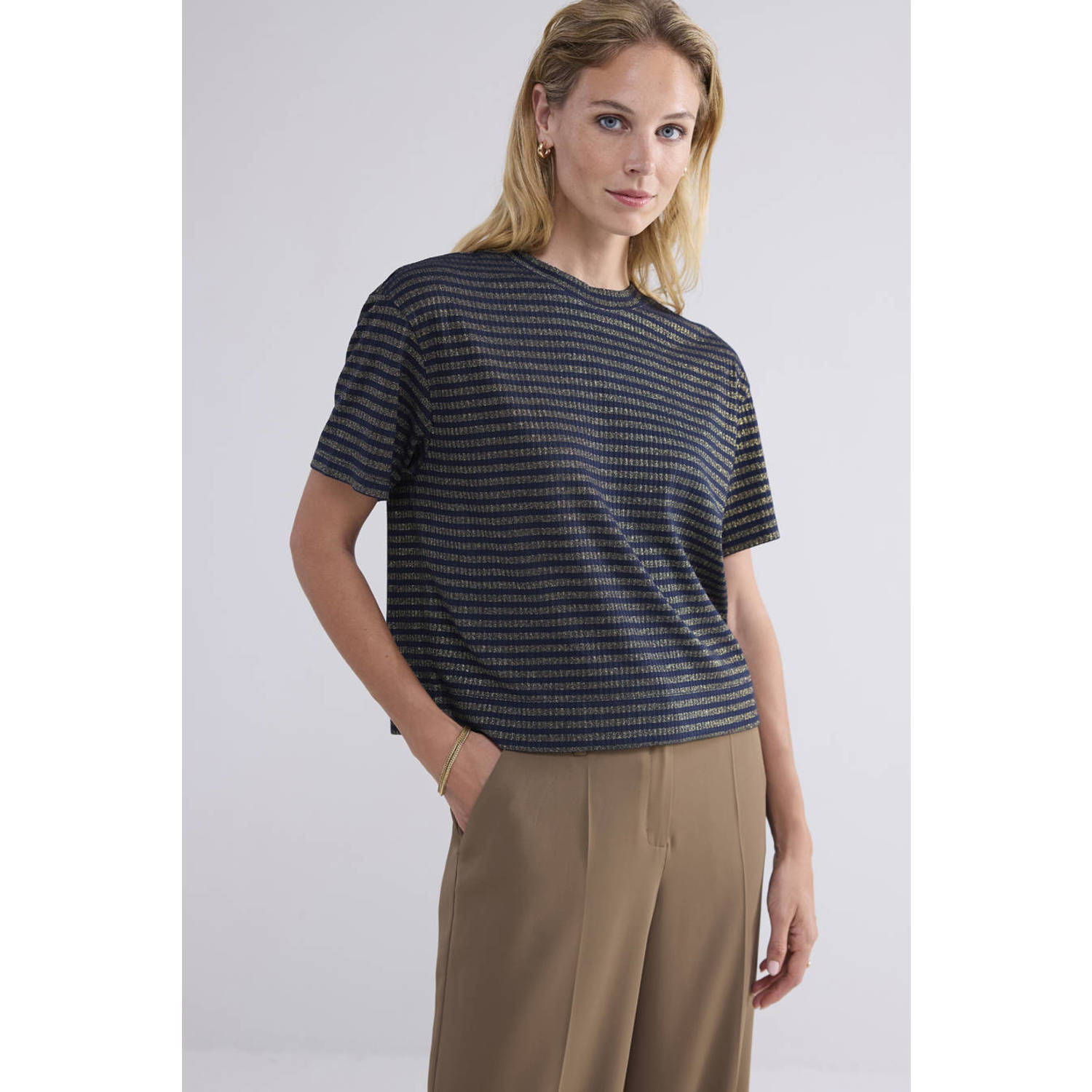 Summum Woman Gestreepte Geribbelde Korte Mouw Top Blue Dames