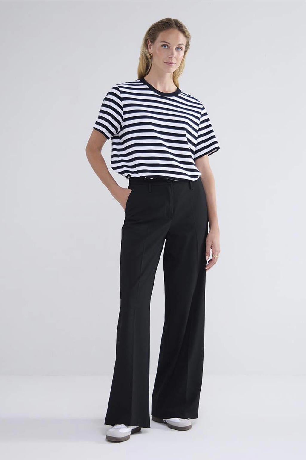 Zwarte dames Summum wide leg broek met rits- en knoopsluiting en effen