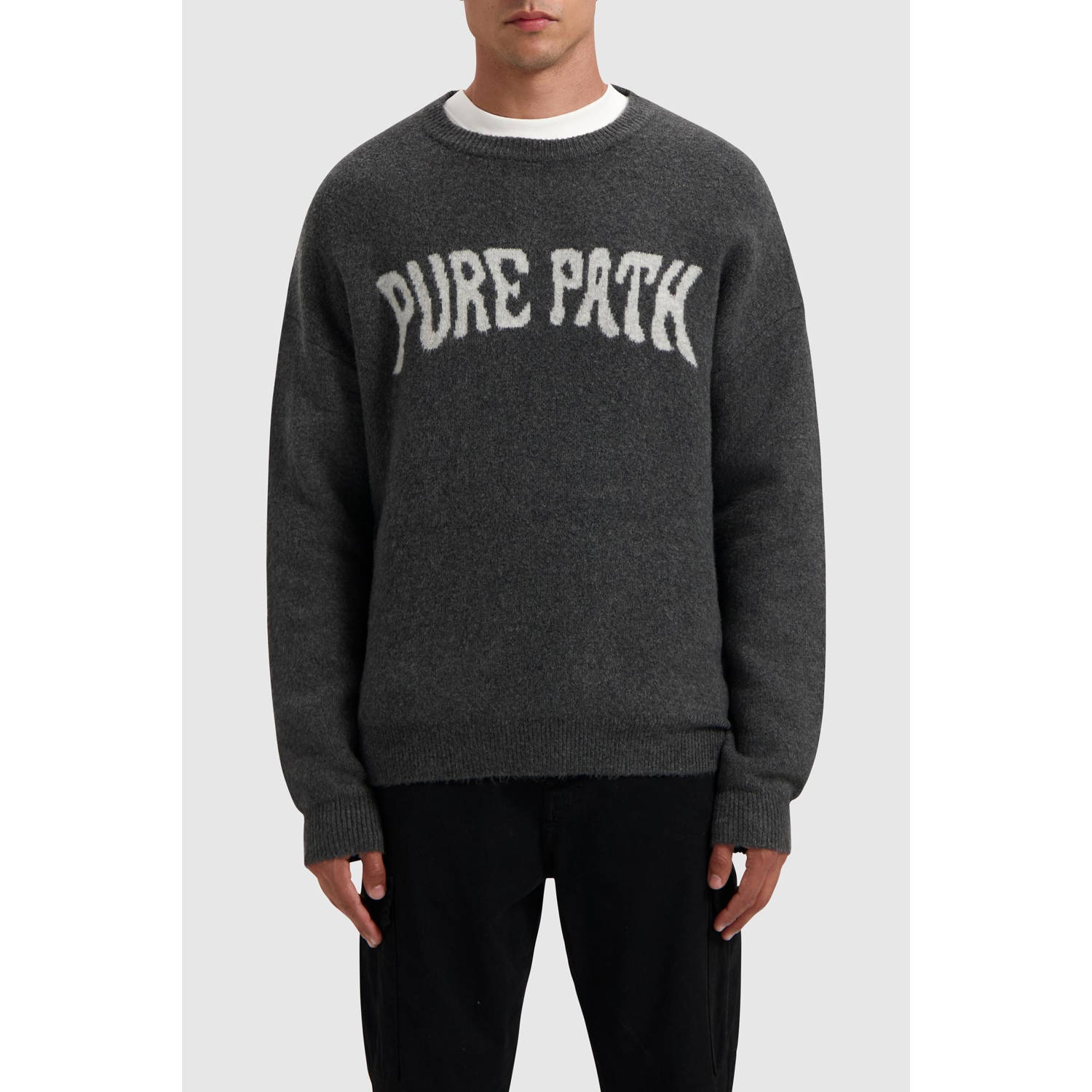 Pure Path Oversized Gebreide Crewneck Pullover Gray Heren