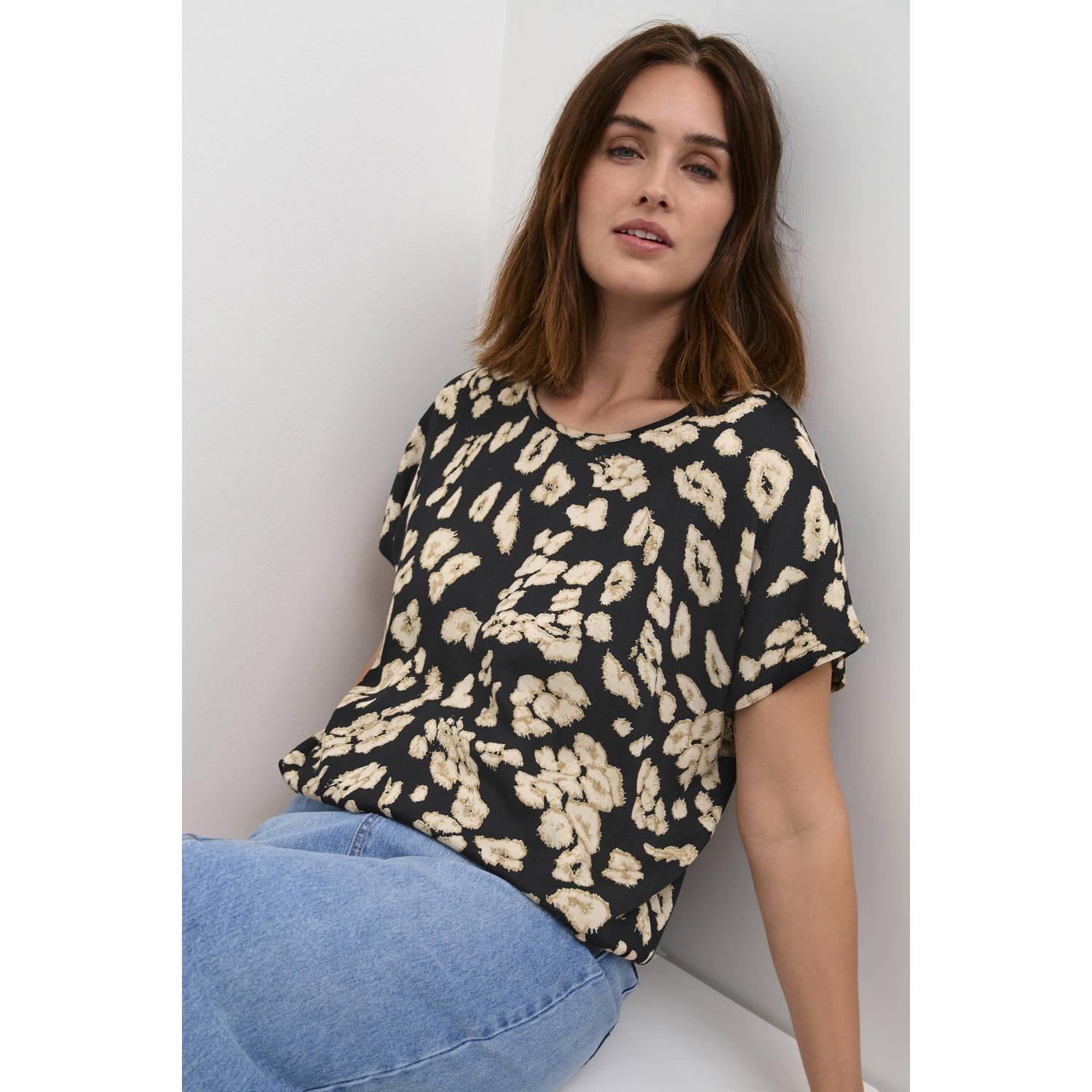 Kaffe Leo Print Blouse Korte Mouw Ronde Hals Black Dames