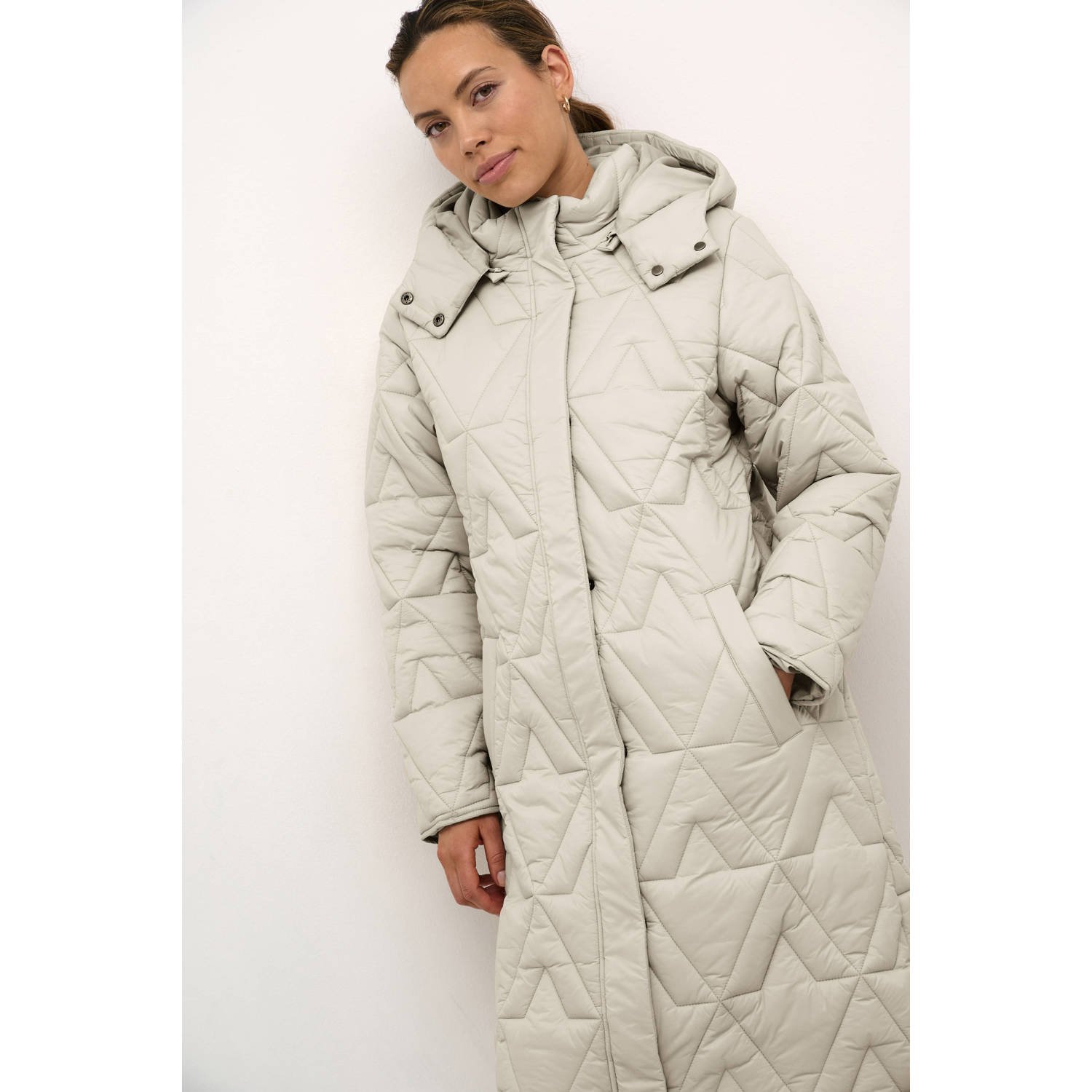 Cream Gewatteerde Lange Jas met Capuchon Veergrijs Gray Dames