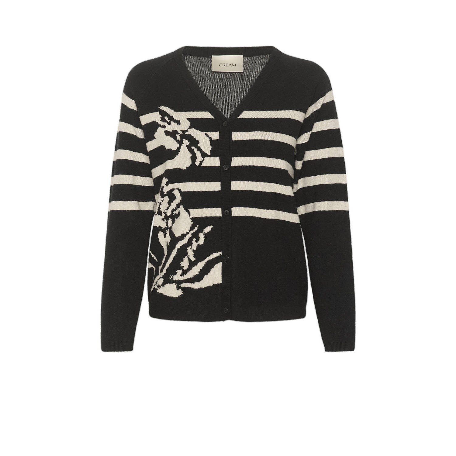 Cream Zwart Gebreid Vest met Bloemen Strepen Black Dames