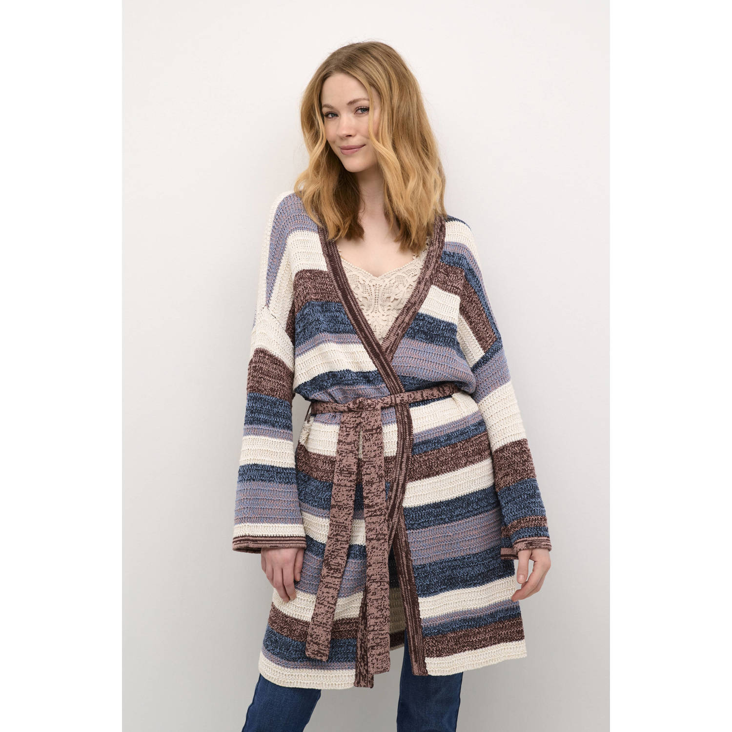 Cream Gestreepte Gebreide Cardigan Patchwork Multicolor Dames