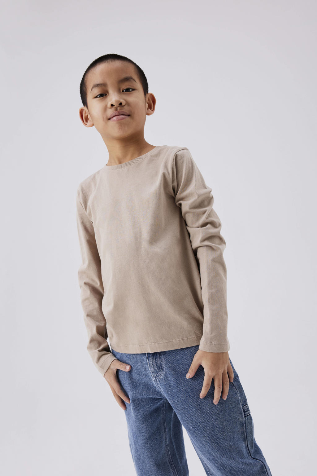 Grijze jongens NAME IT KIDS longsleeve van katoen met effen, lange mouwen en ronde hals