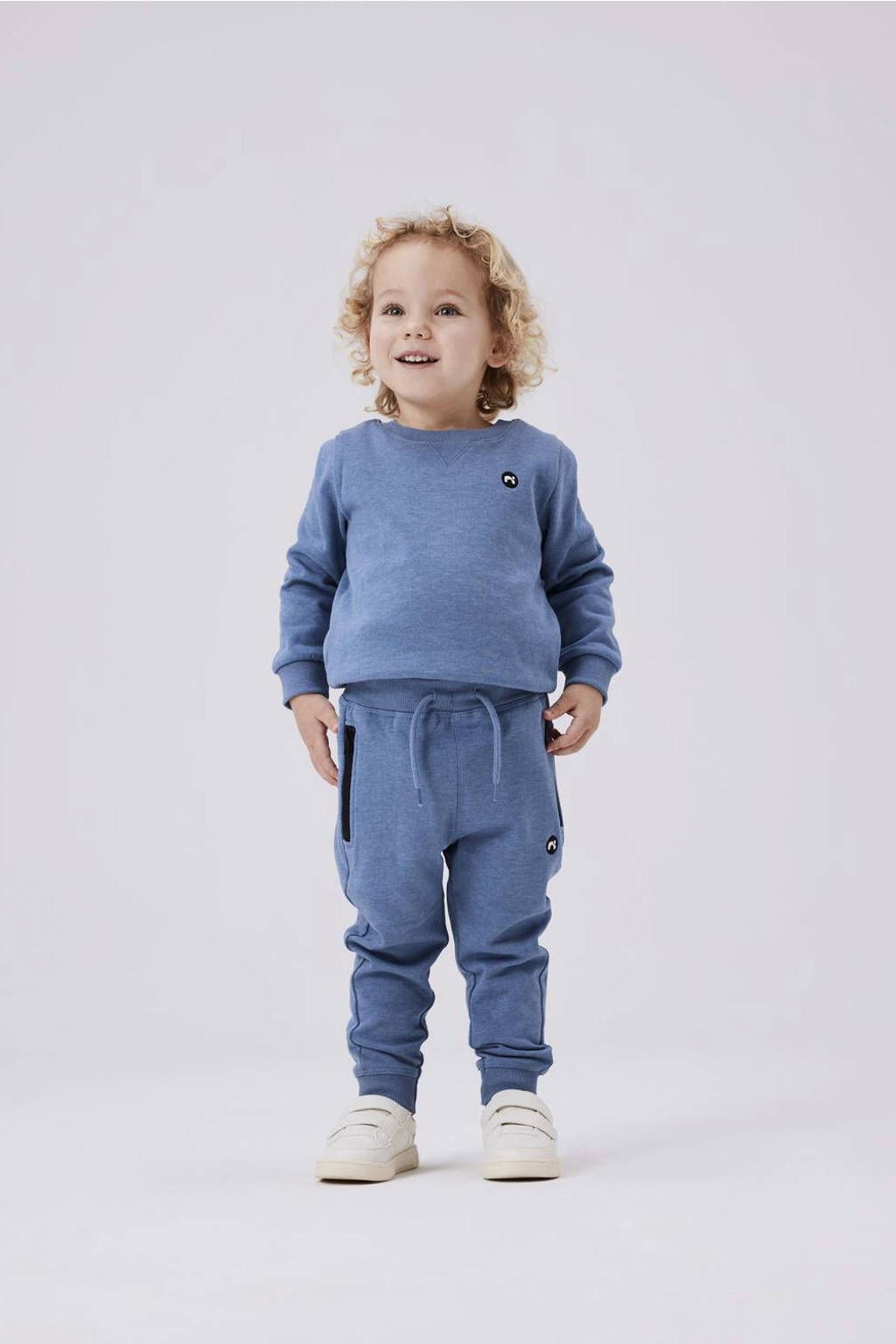 Donkerblauwe jongens NAME IT MINI slim fit joggingbroek helderblauw van katoen met elastische tailleband met koord en effen