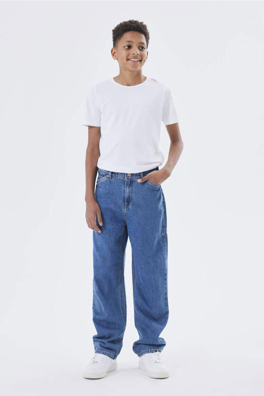 Dark blue denim jongens NAME IT KIDS straight leg jeans dark blue van denim met rits- en knoopsluiting en effen