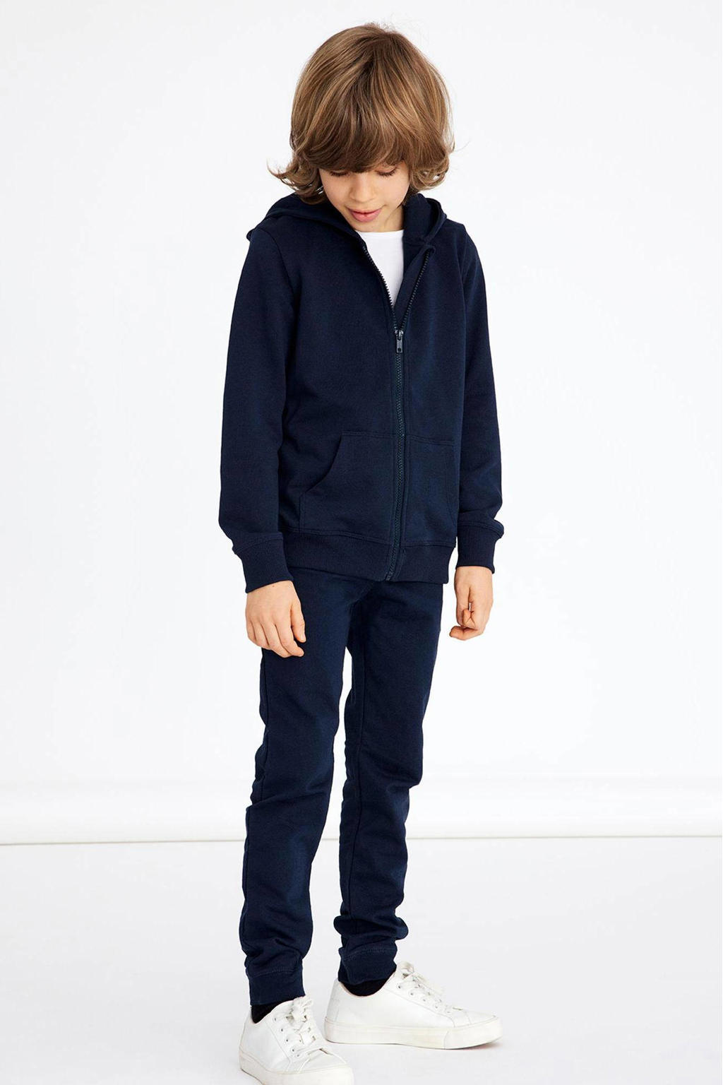 Donkerblauwe jongens NAME IT KIDS sweatvest met effen, lange mouwen, capuchon en ritssluiting