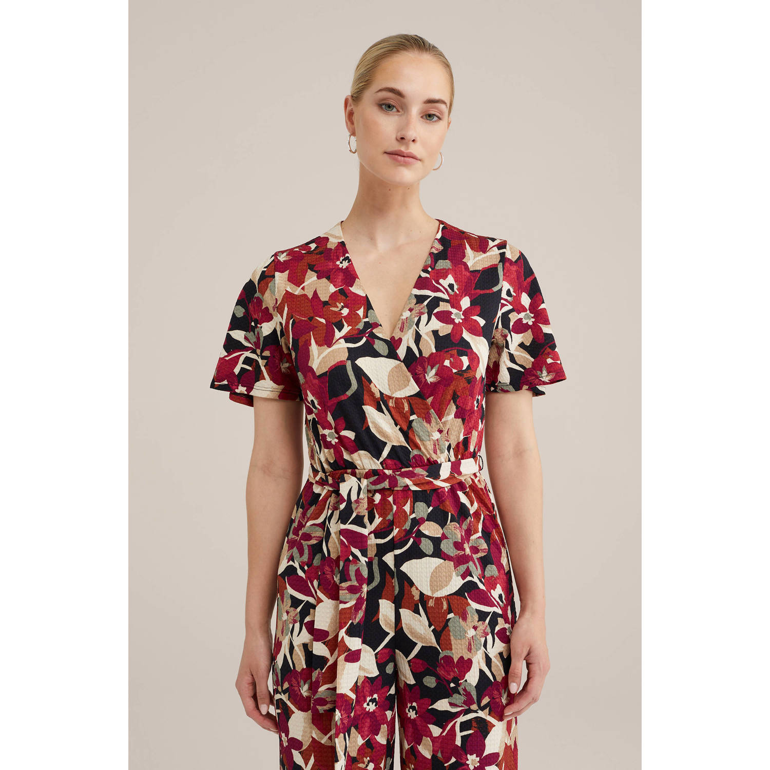 WE Fashion gebloemde jumpsuit rood zwart beige