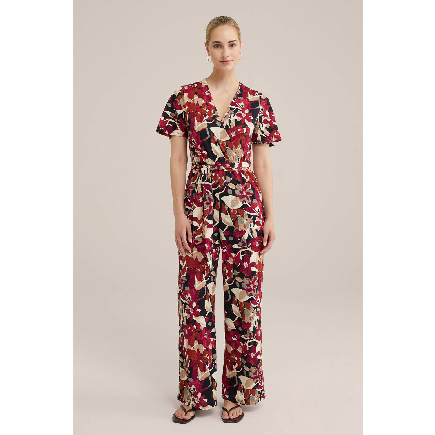 WE Fashion gebloemde jumpsuit rood zwart beige