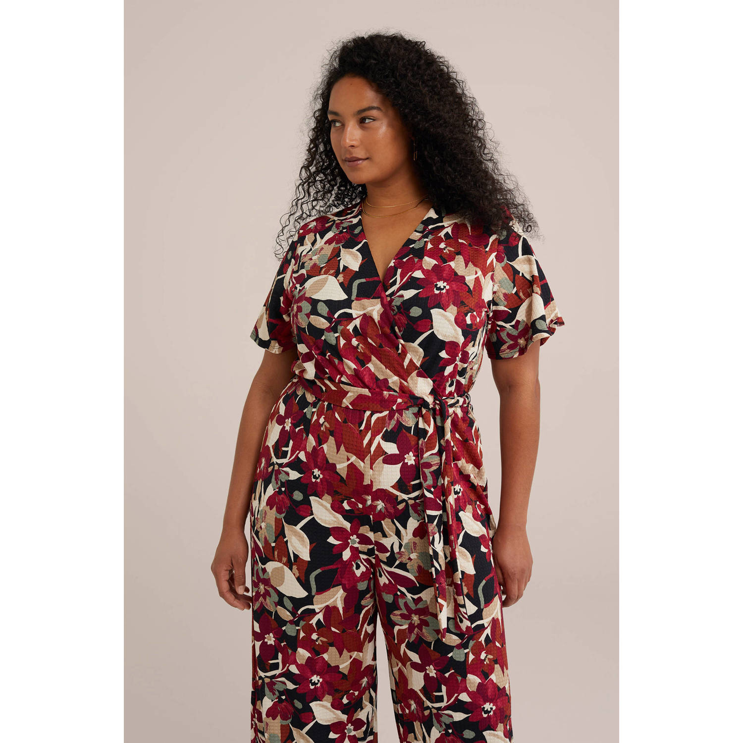 WE Fashion Curve jumpsuit met all over print donkerrood zwart ecru