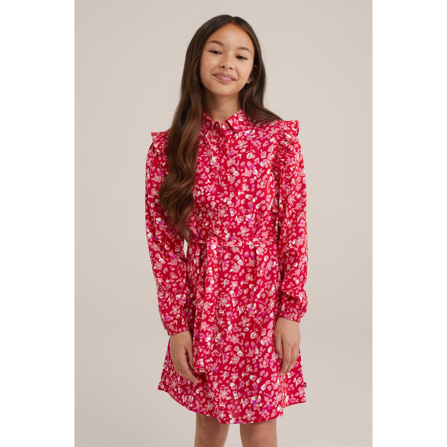 WE Fashion jurk met all over print en ruches rood roze