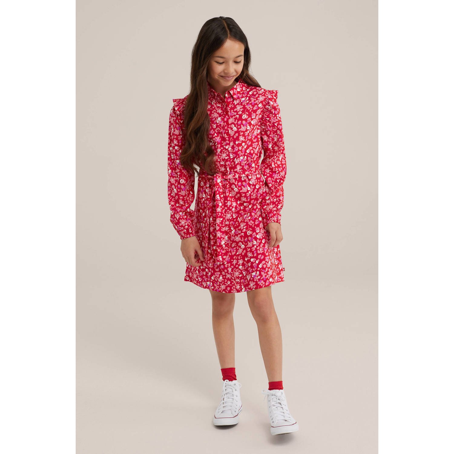 WE Fashion jurk met all over print en ruches rood roze