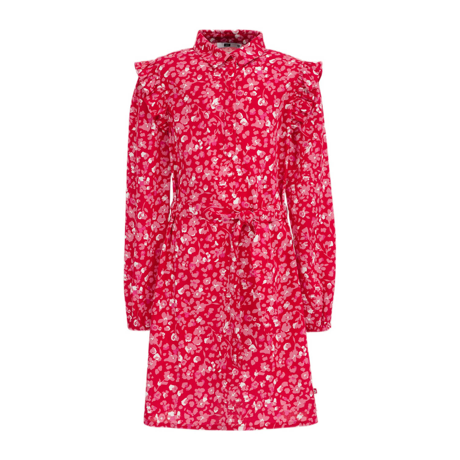 WE Fashion jurk met all over print en ruches rood roze