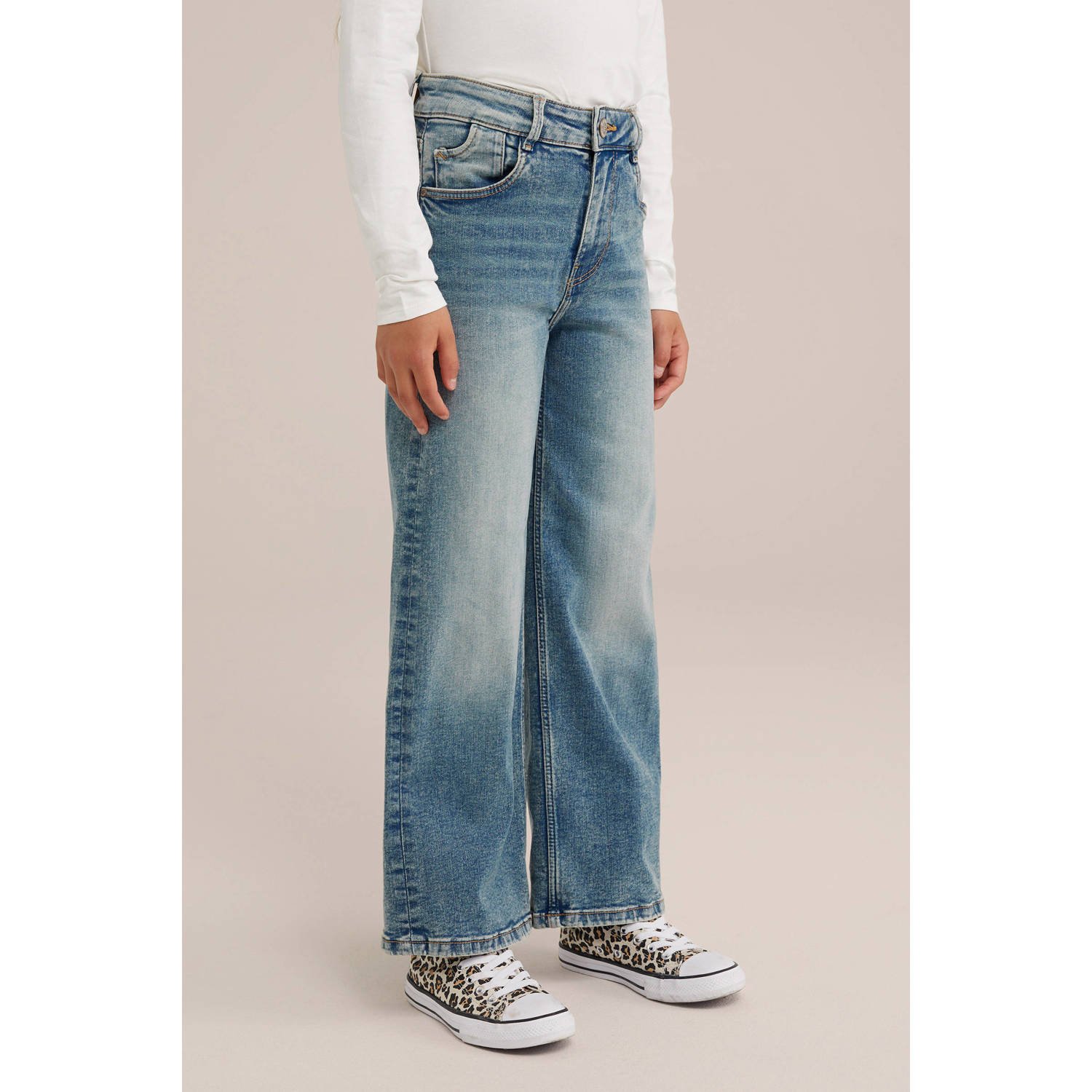 WE Fashion high waist wide leg jeans green cast denim Blauw Meisjes Stretchdenim 122