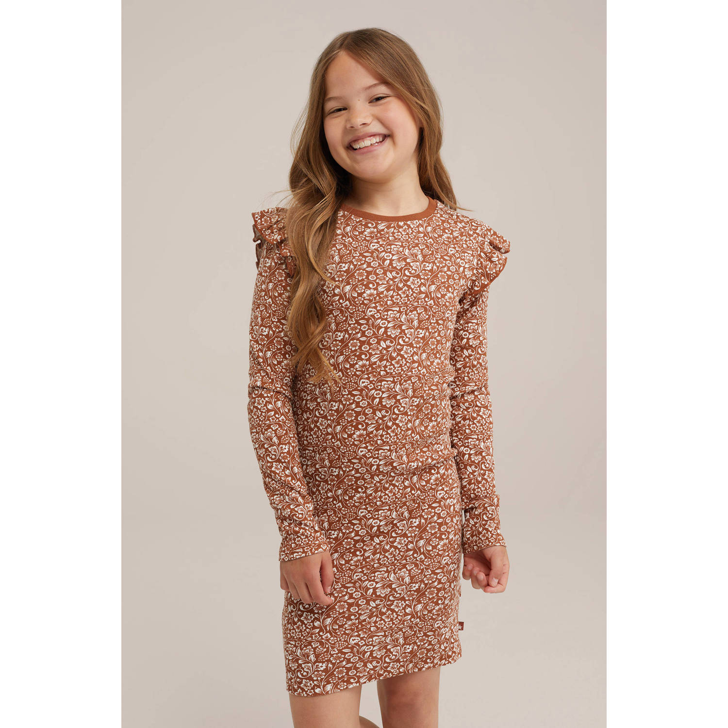 WE Fashion gebloemde jurk bruin wit Meisjes Katoen Ronde hals Bloemen 134 140