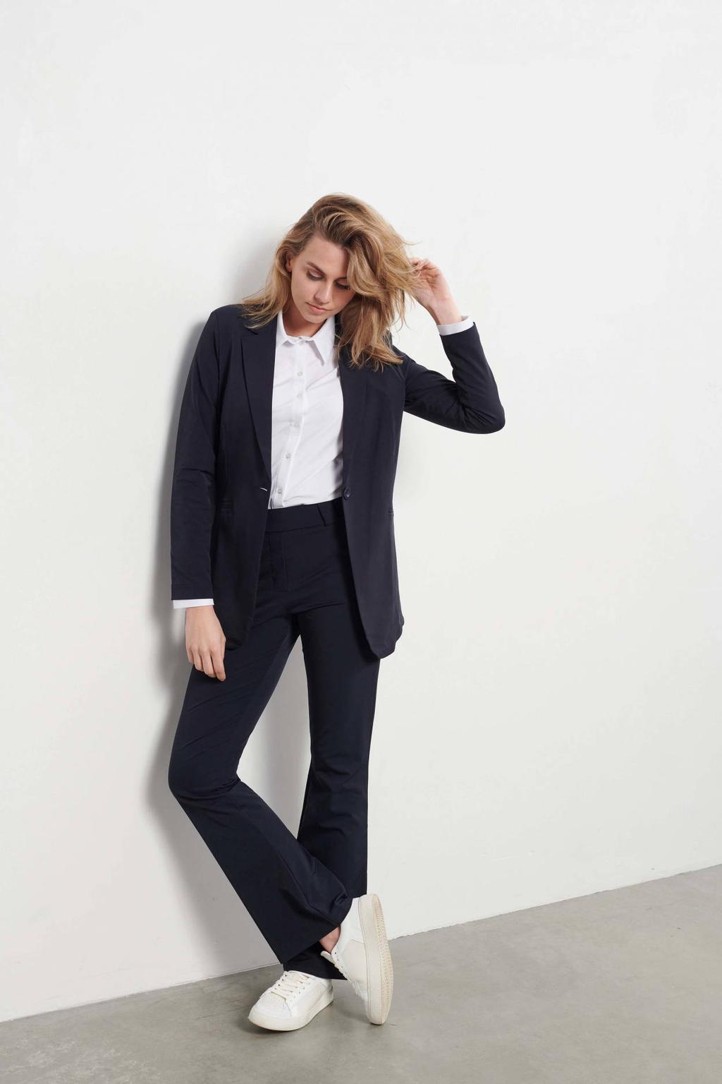 Marineblauw dames &Co Woman flared broek van travelstof blauw met regular waist en effen