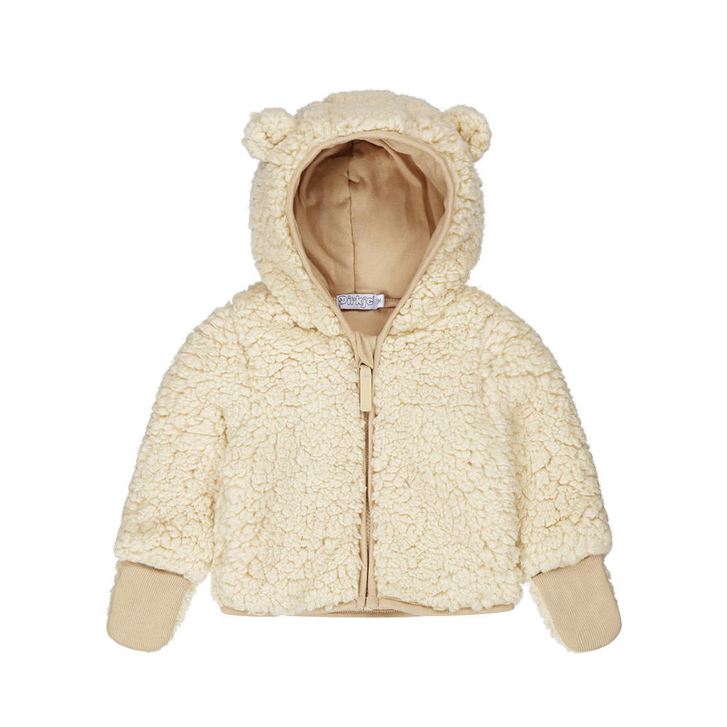 Beige meisjes Dirkje baby teddy winterjas met effen, lange mouwen, capuchon en ritssluiting