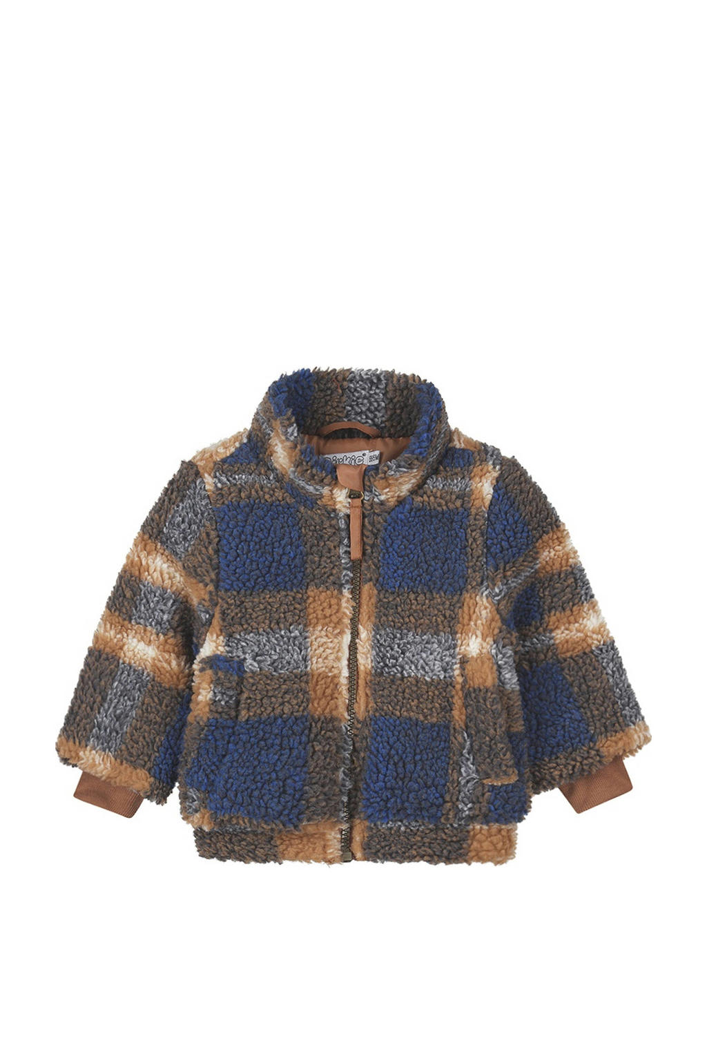 Donkerblauw, bruin en ecru jongens Dirkje geruite teddy winterjas van polyester met lange mouwen, opstaande kraag en ritssluiting