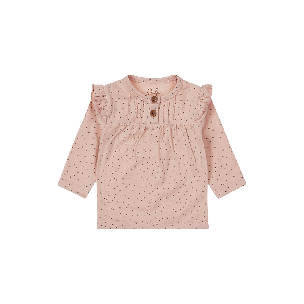 Roze meisjes Dirkje longsleeve en ruches met lange mouwen, ronde hals en knoopsluiting