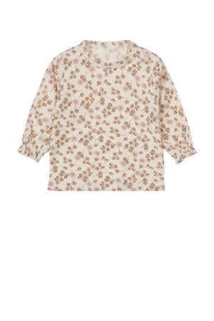baby longsleeve met all over print en ruches lichtbruin/roze/ecru