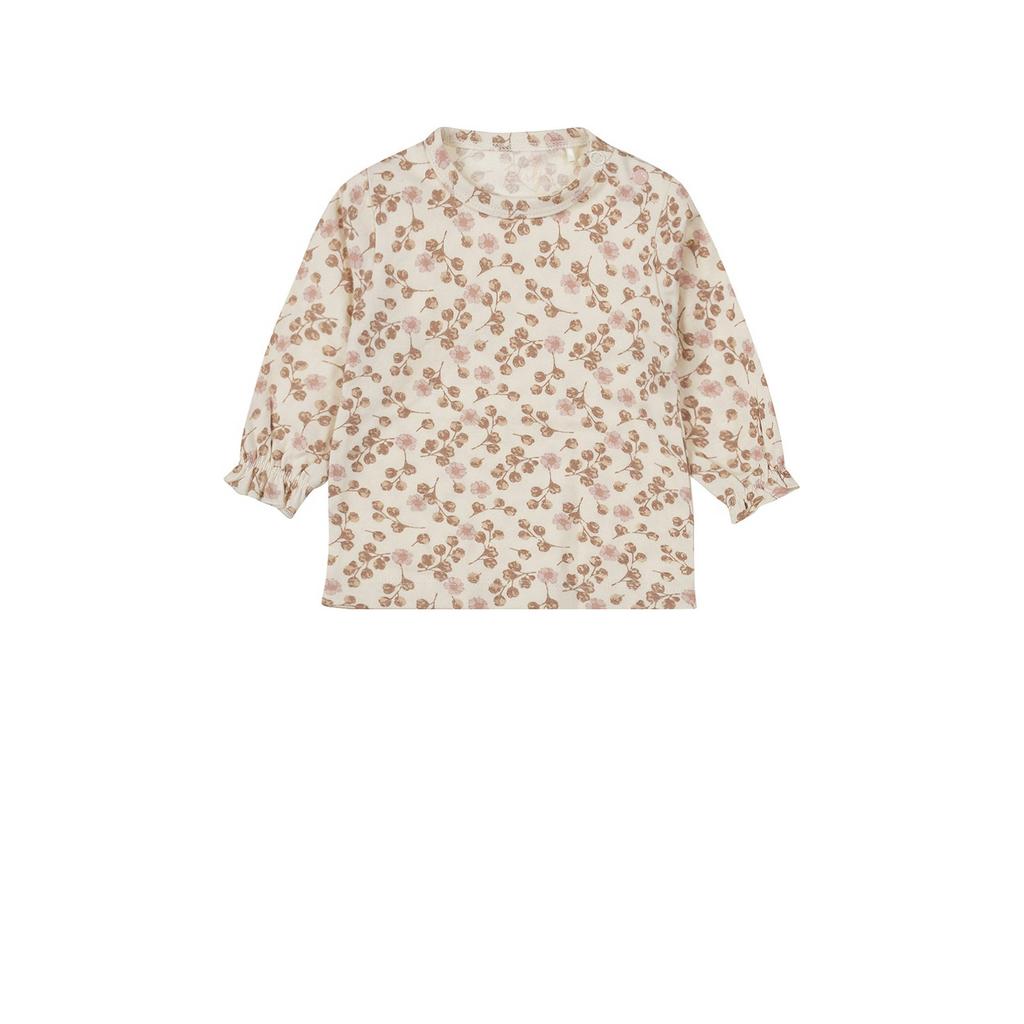 Lichtbruin, roze en ecru meisjes Dirkje longsleeve en ruches met lange mouwen, ronde hals en drukknoopsluiting