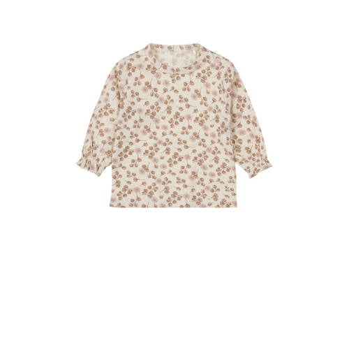 Dirkje baby longsleeve met all over print en ruches lichtbruin/roze/ecru afbeelding