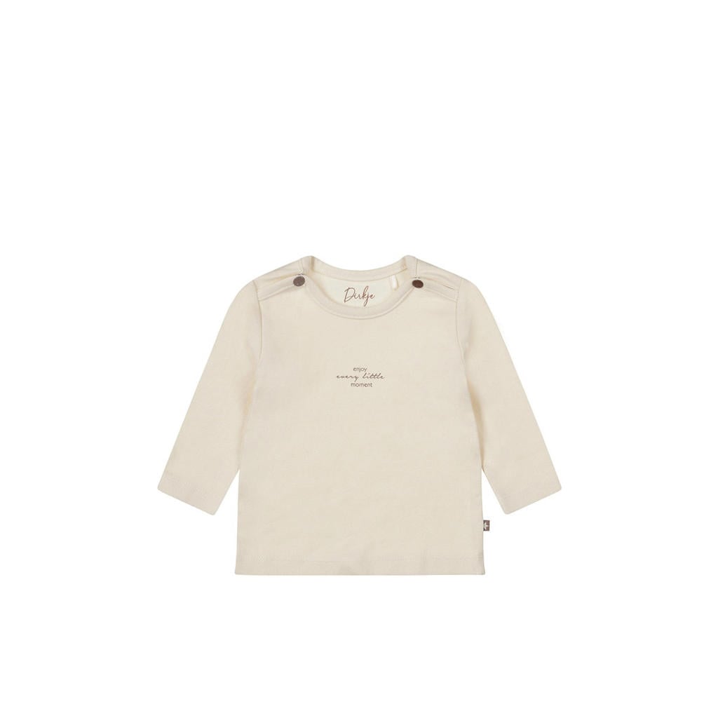 Ecru jongens en meisjes Dirkje longsleeve van stretchkatoen met tekst print, lange mouwen, ronde hals en drukknoopsluiting