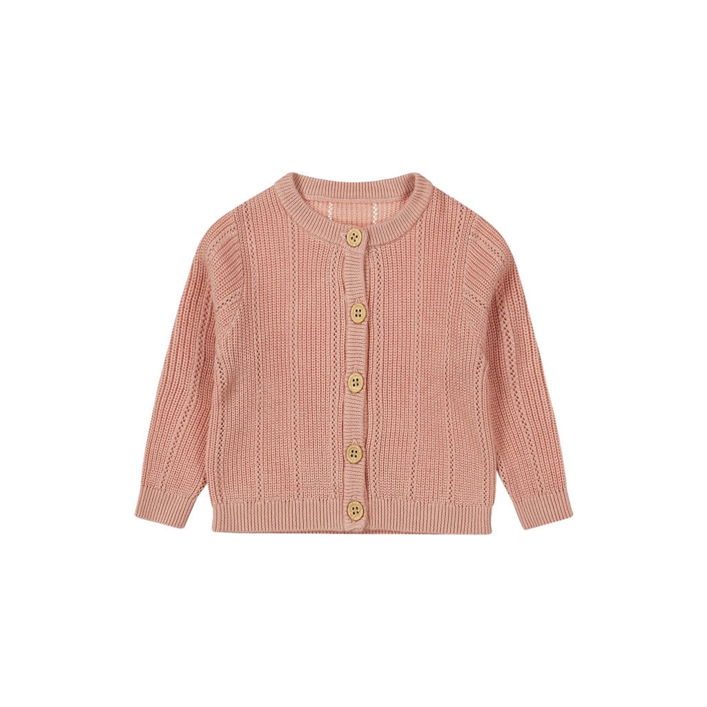 Roze meisjes Dirkje katoenen gebreide vest met lange mouwen, ronde hals en knoopsluiting