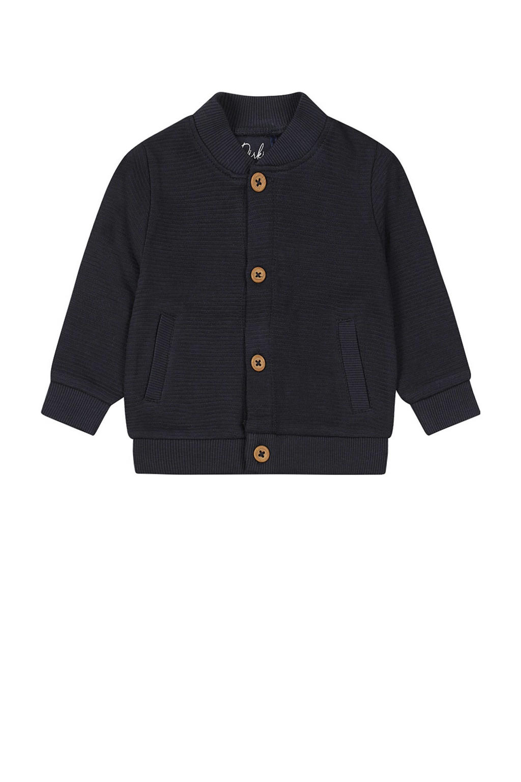 Blauwe jongens Dirkje baby sweatvest van katoen met effen, lange mouwen, opstaande kraag, knoopsluiting en textuur