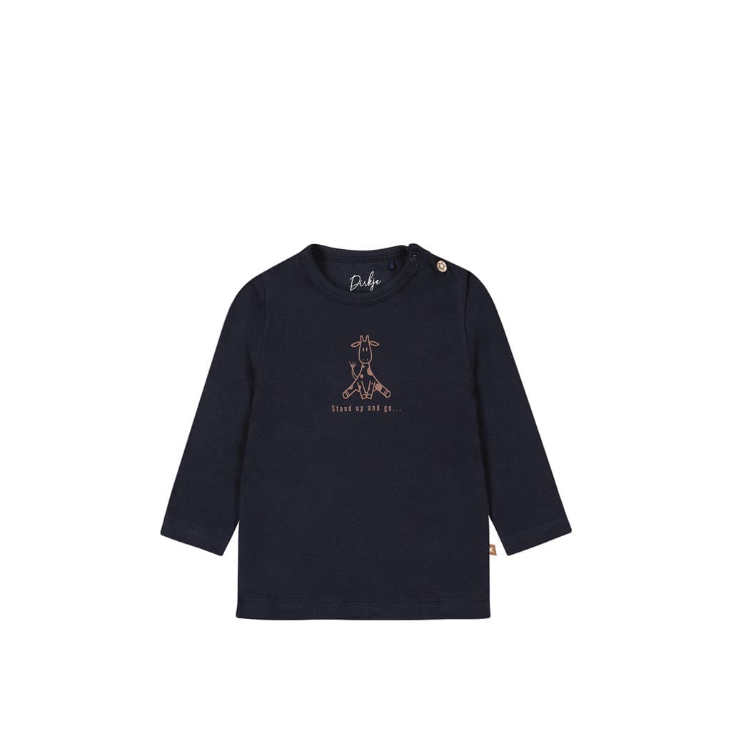Blauwe jongens Dirkje longsleeve van stretchkatoen met printopdruk, lange mouwen, ronde hals en knoopsluiting