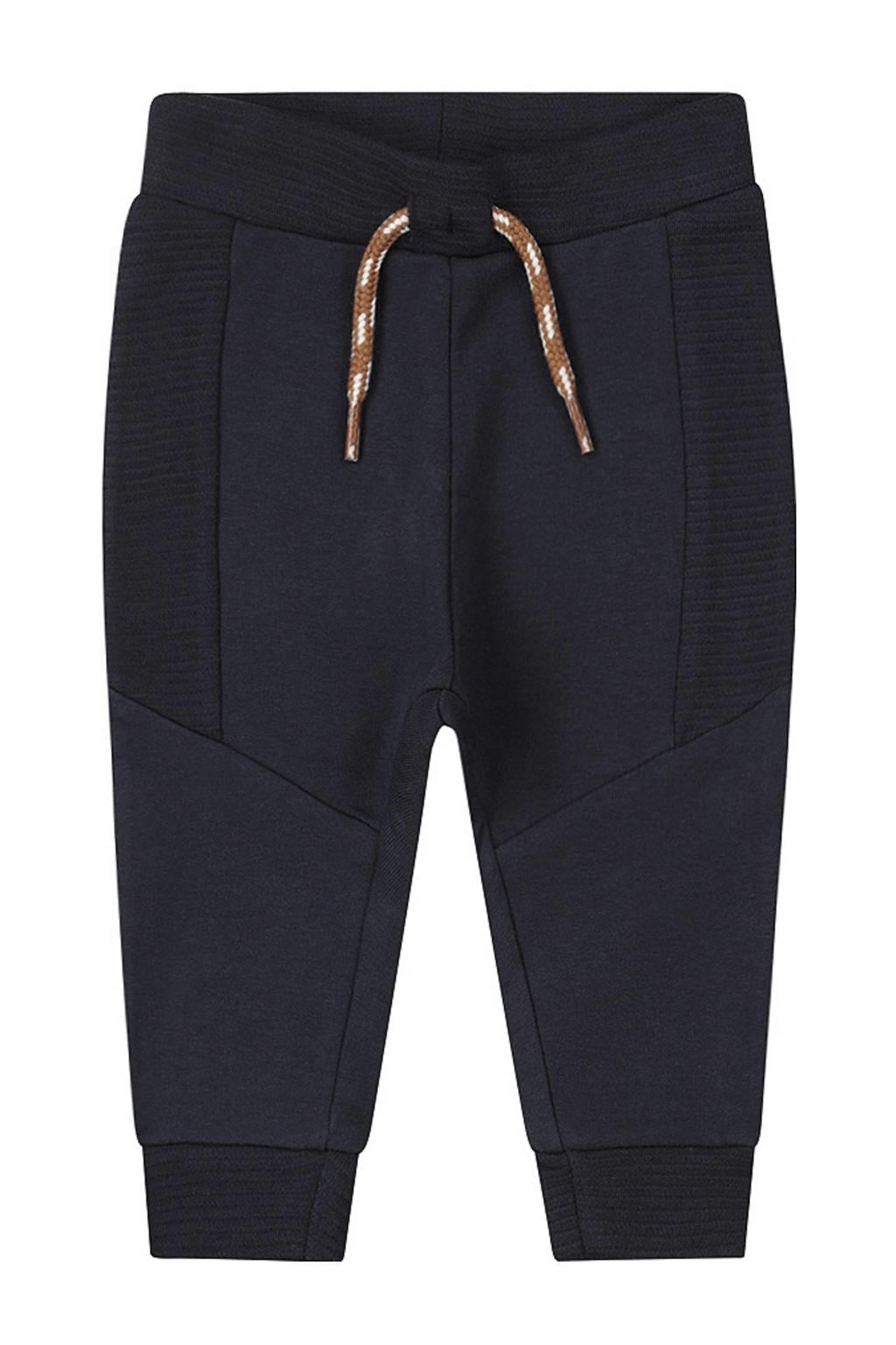 Blauwe jongens Dirkje baby broek van stretchkatoen met elastische tailleband met koord en effen