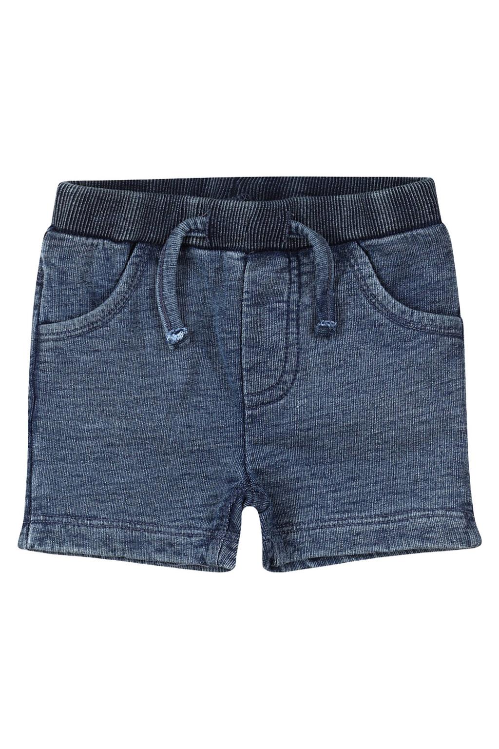 Blauwe jongens Dirkje short van sweat materiaal met elastische tailleband met koord en effen