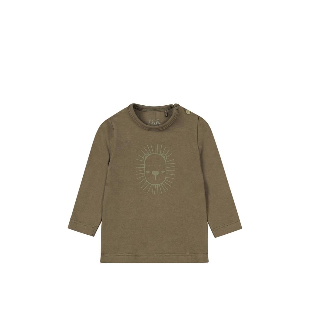 Groene jongens Dirkje longsleeve bruin van stretchkatoen met lange mouwen, ronde hals en drukknoopsluiting