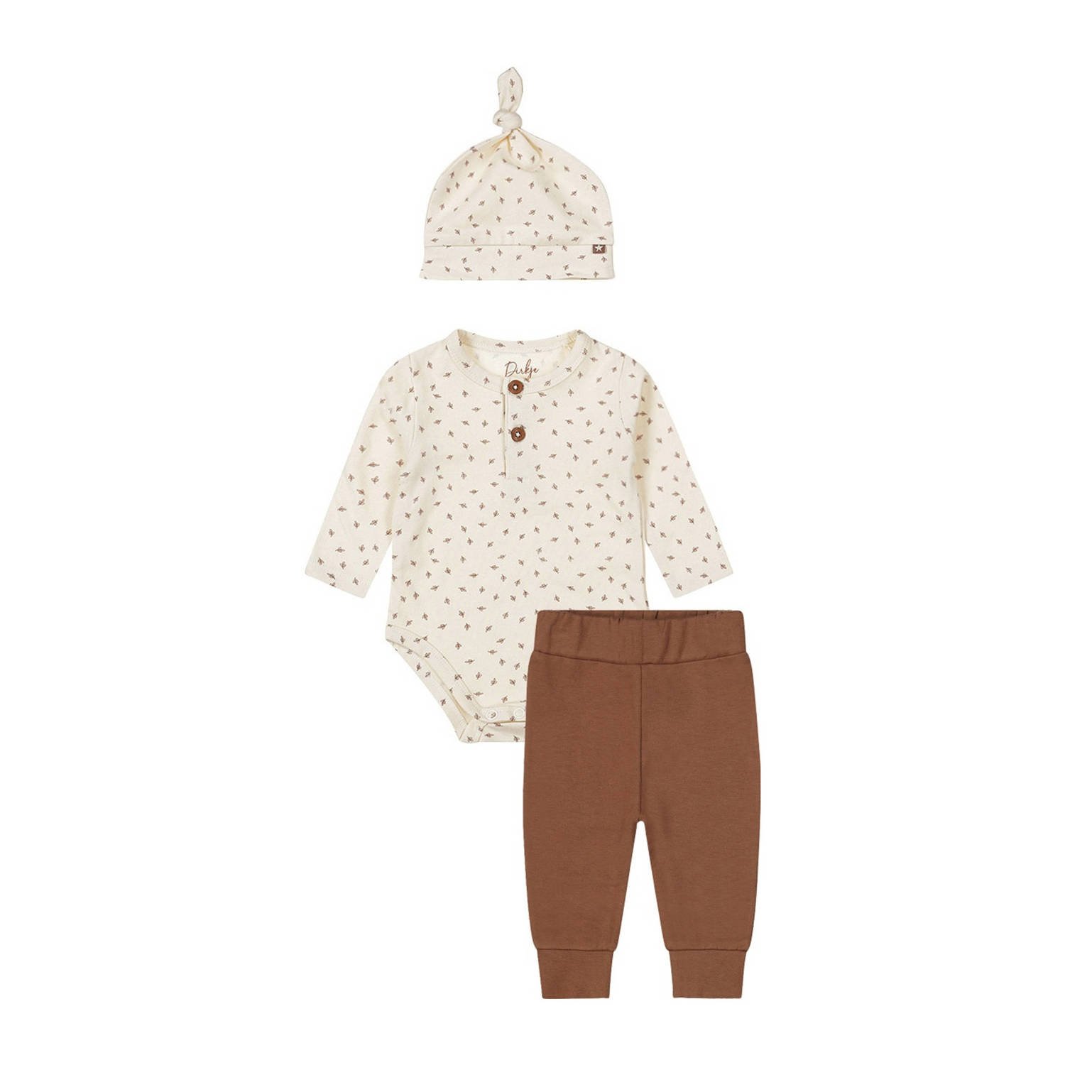 Dirkje romper + broek + muts bruin offwhite Shirt + broek Meisjes Stretchkatoen Ronde hals 50