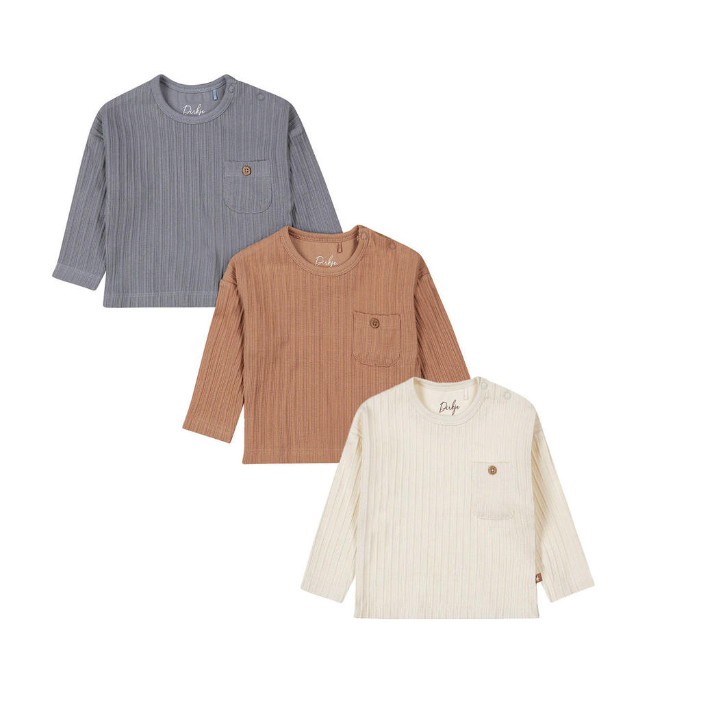 Set van 3 bruin en blauwe jongens Dirkje longsleeve offwhite van stretchkatoen met effen, lange mouwen, ronde hals, drukknoopsluiting en textuur