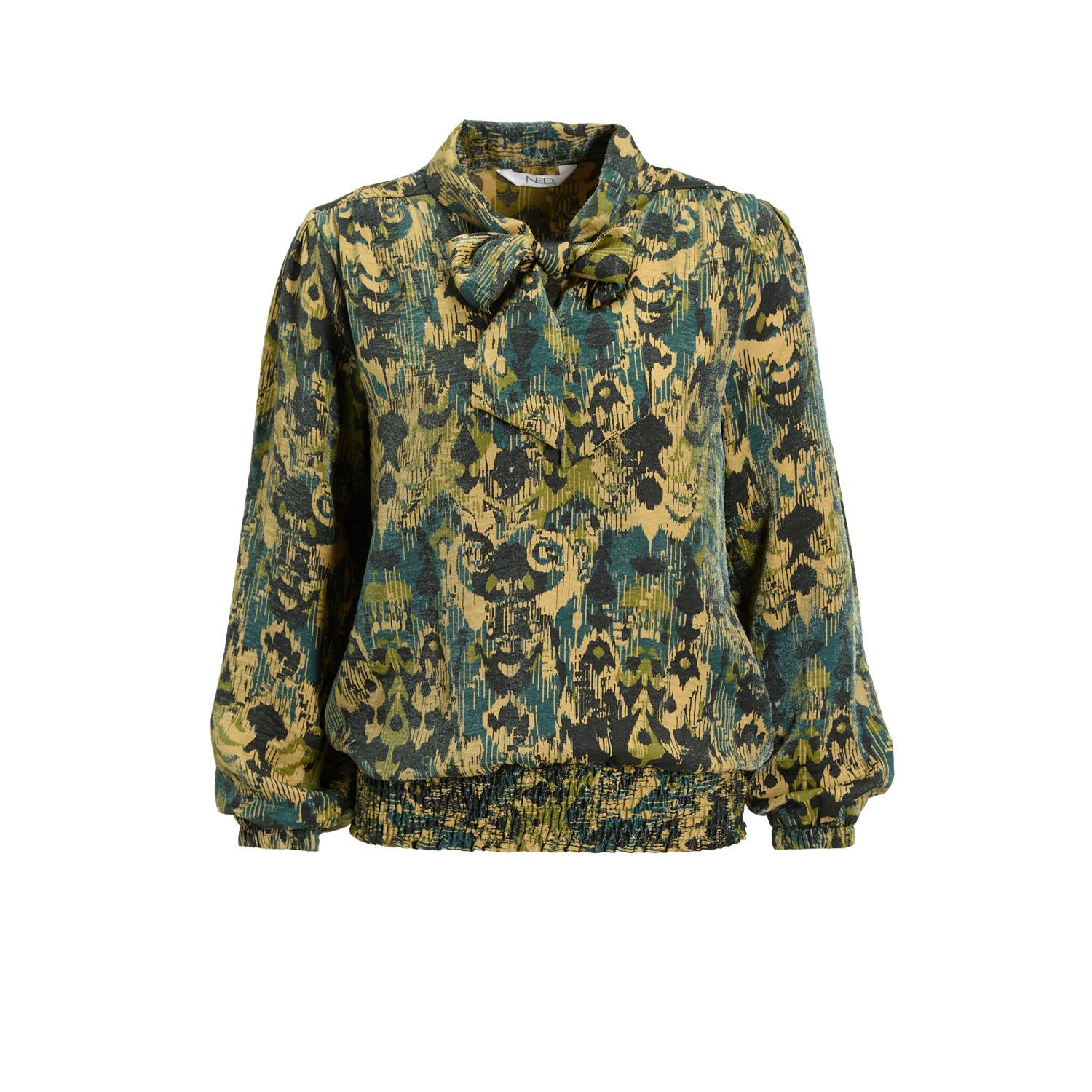 NED top Merina LS-Smock Safari Sand Modern Ikat Shiny Woven met all over print donkergroen goud